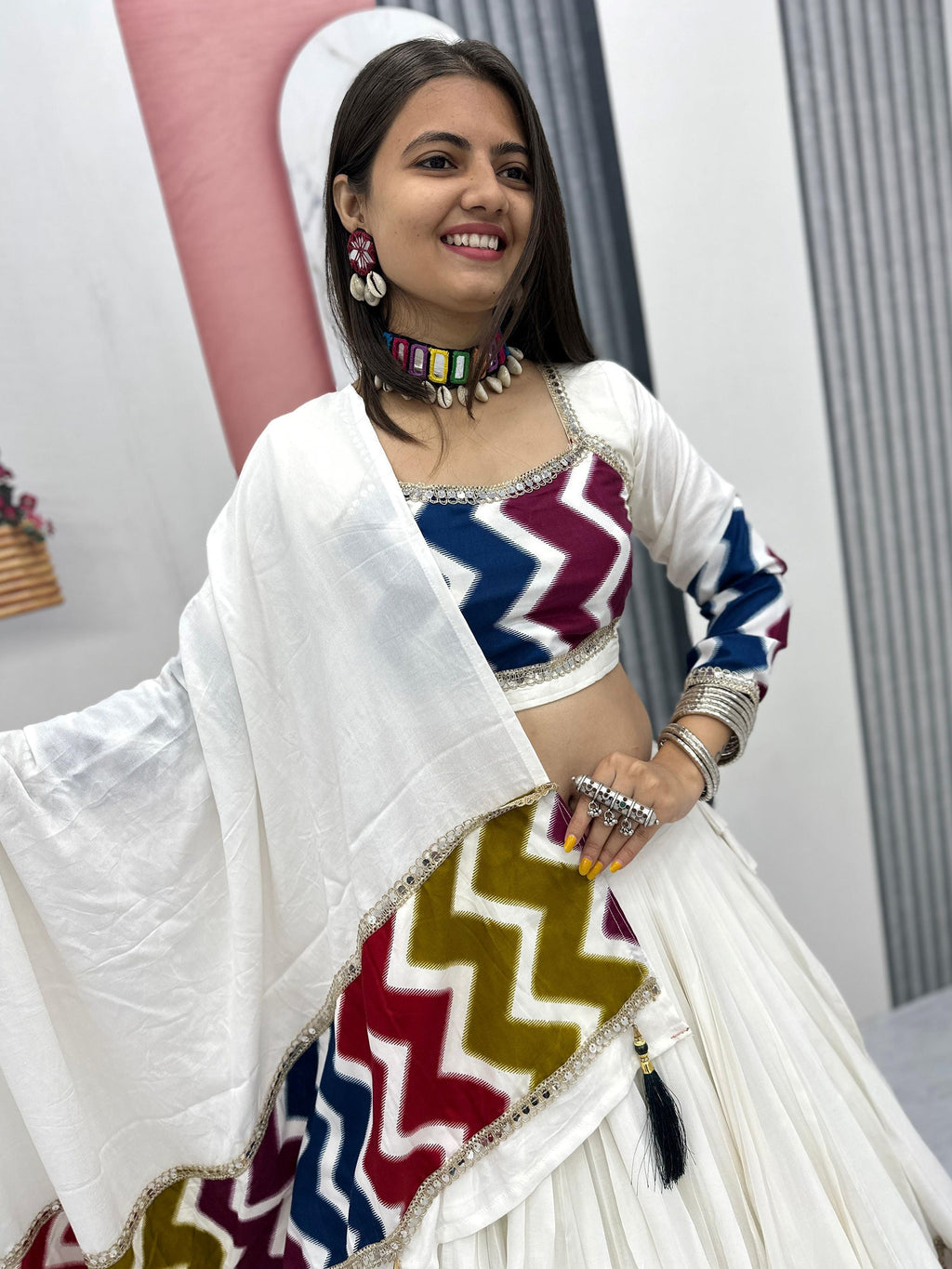 Marvelous White Cotton Printed Navratri Wear Lehenga Choli