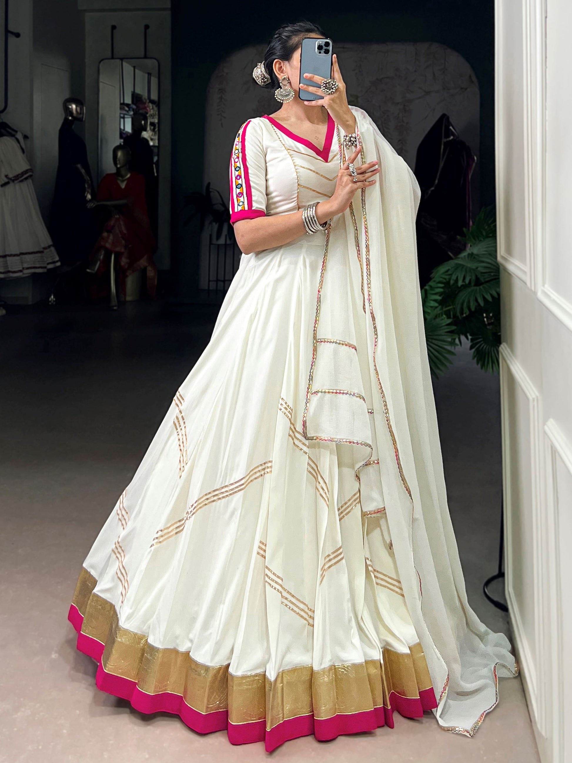 Desirable White Rayon Gota Patti Work Navratri Wear Lehenga Choli