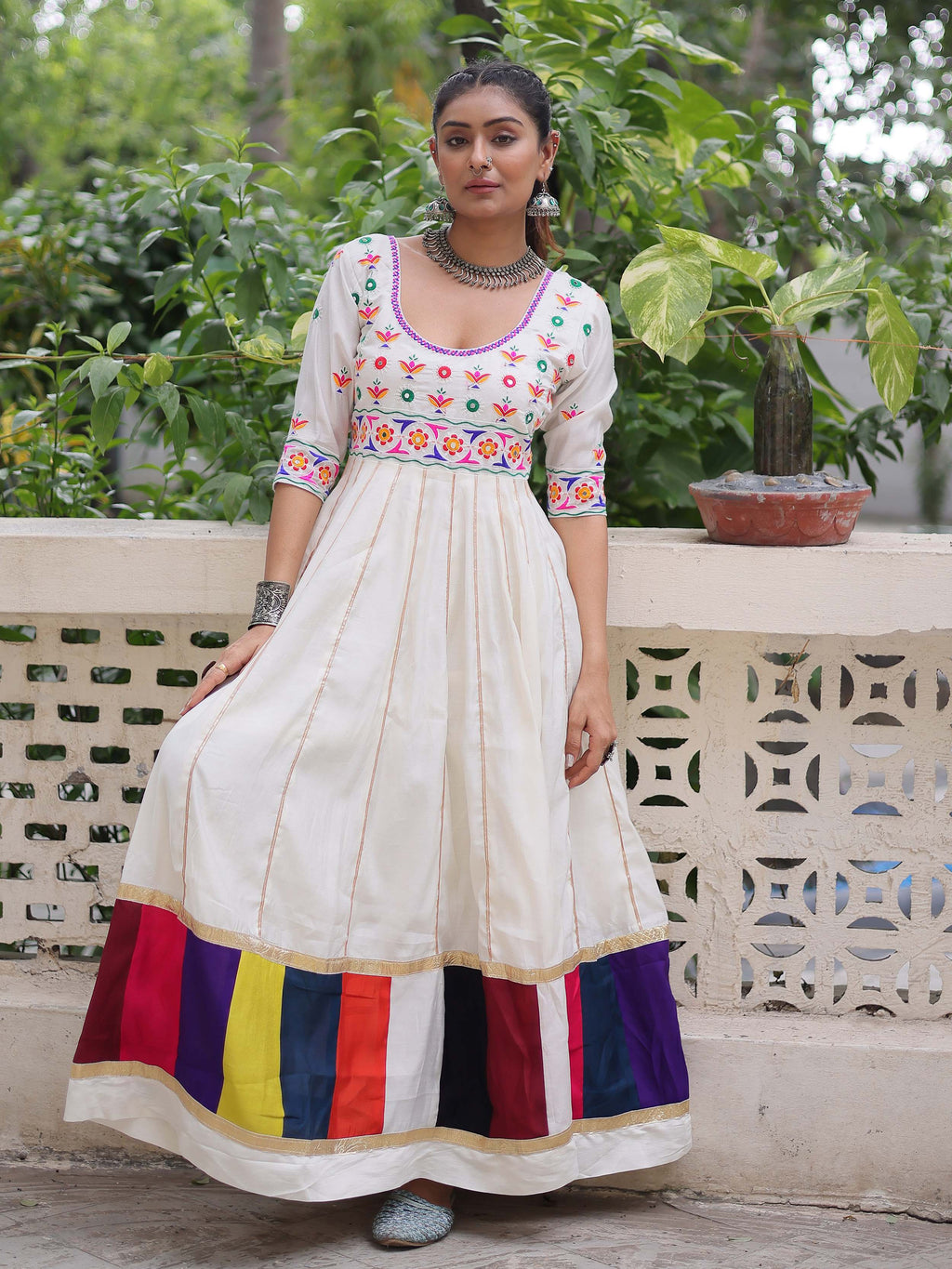 Timeless White Cotton Gota Patti Work Navratri Wear Gown