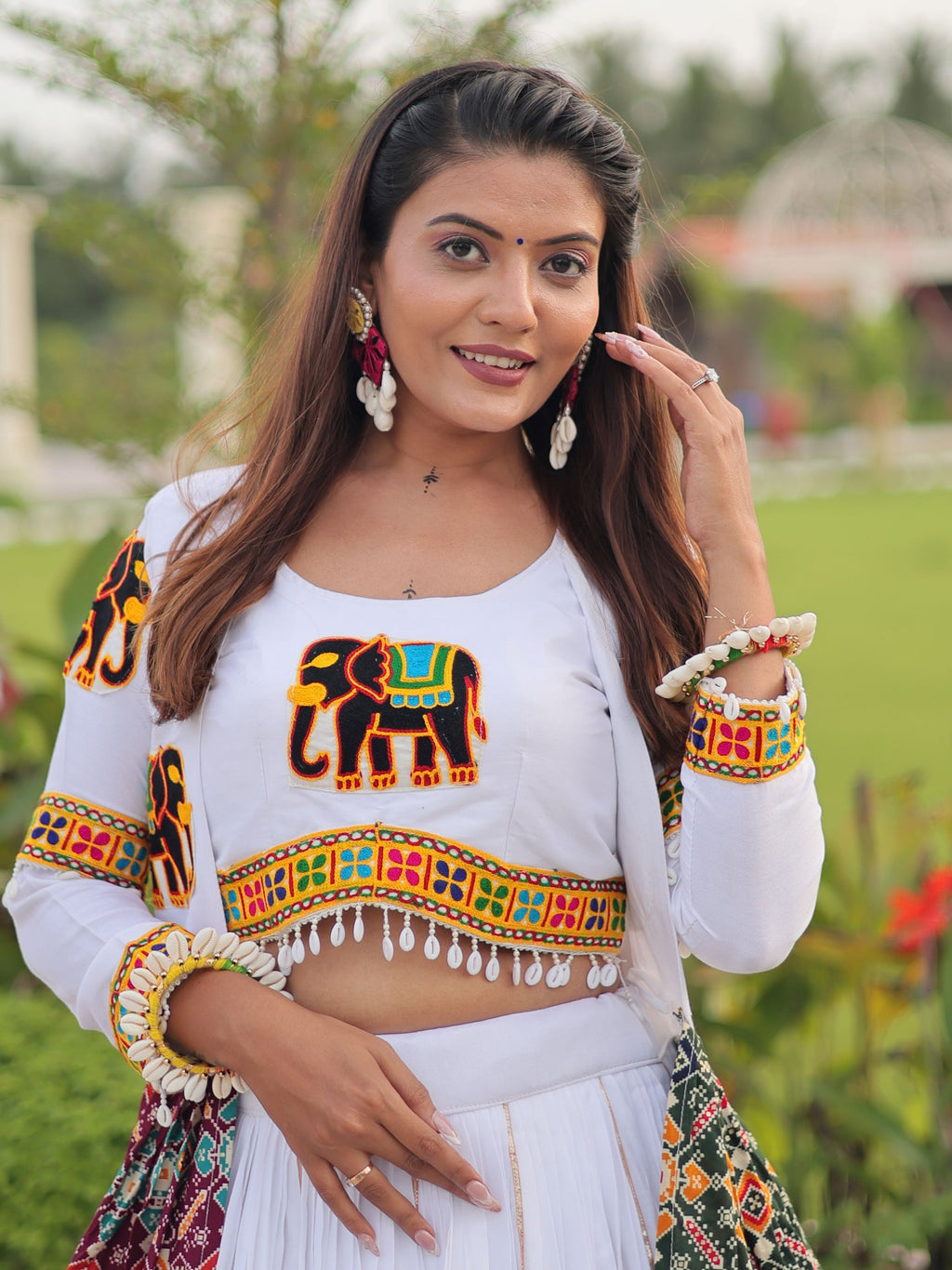 Wonderful White Cotton Gamthi Work Crop Top Lehenga With Jacket