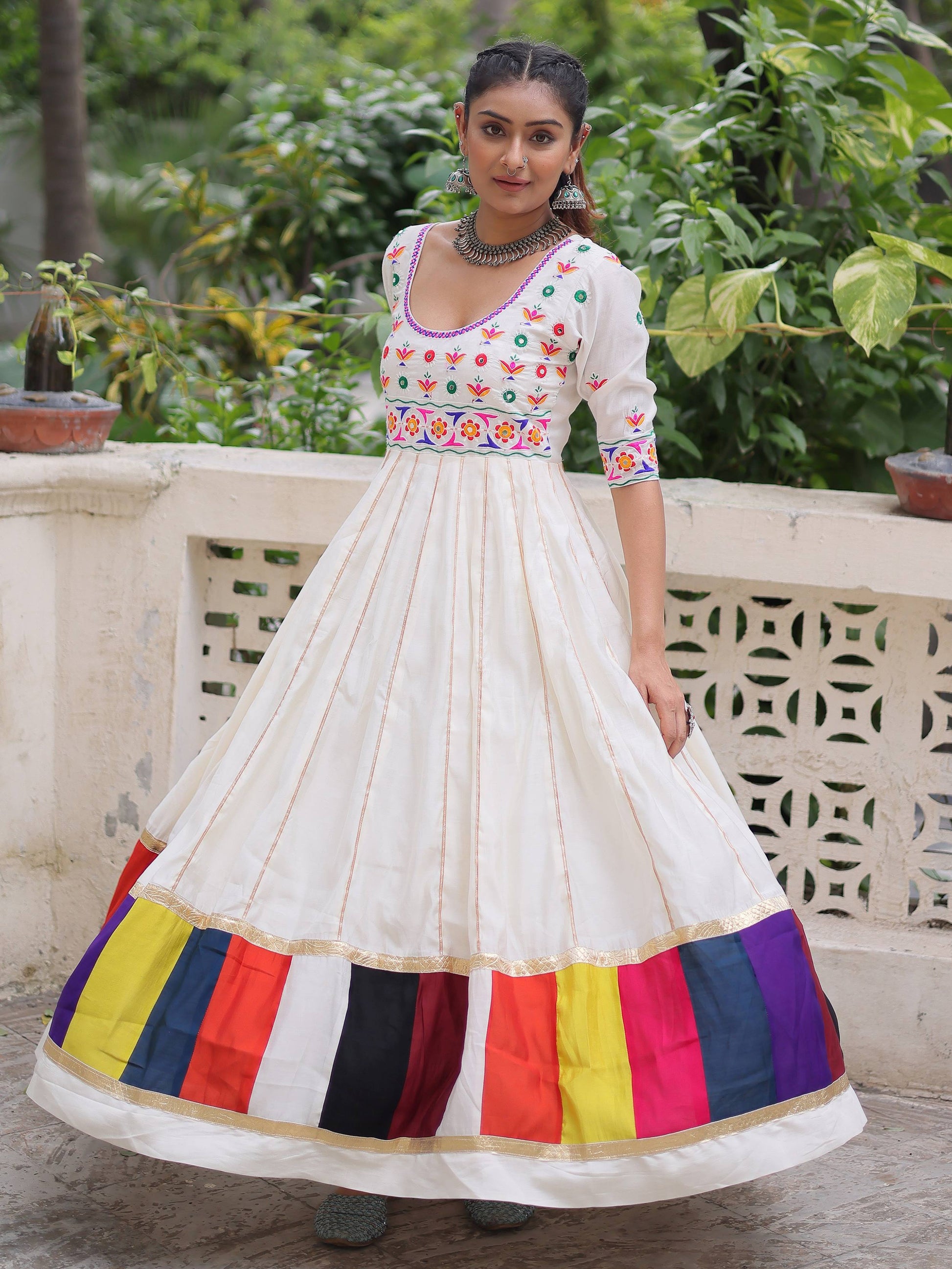 Timeless White Cotton Gota Patti Work Navratri Wear Gown