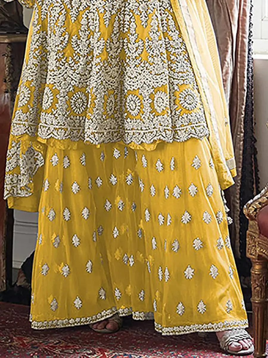 Glamorous Yellow Net Floral Embroidered Event Wear Sharara Suit