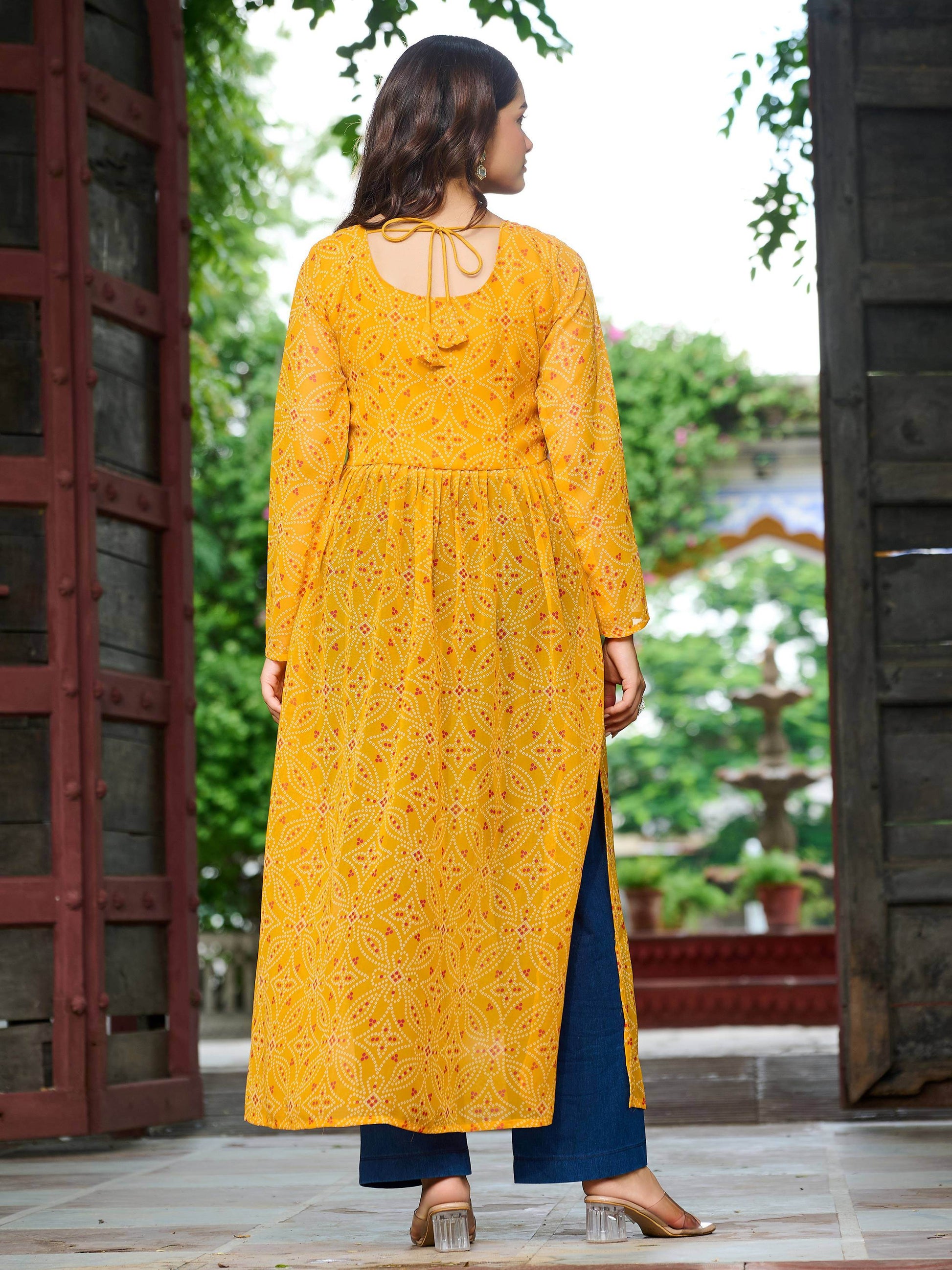 Fabulous Yellow Georgette Kutchi Gamthi Work Festive Kurti