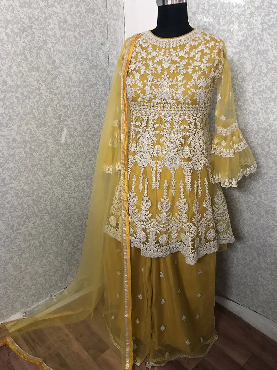 Glamorous Yellow Net Floral Embroidered Event Wear Sharara Suit