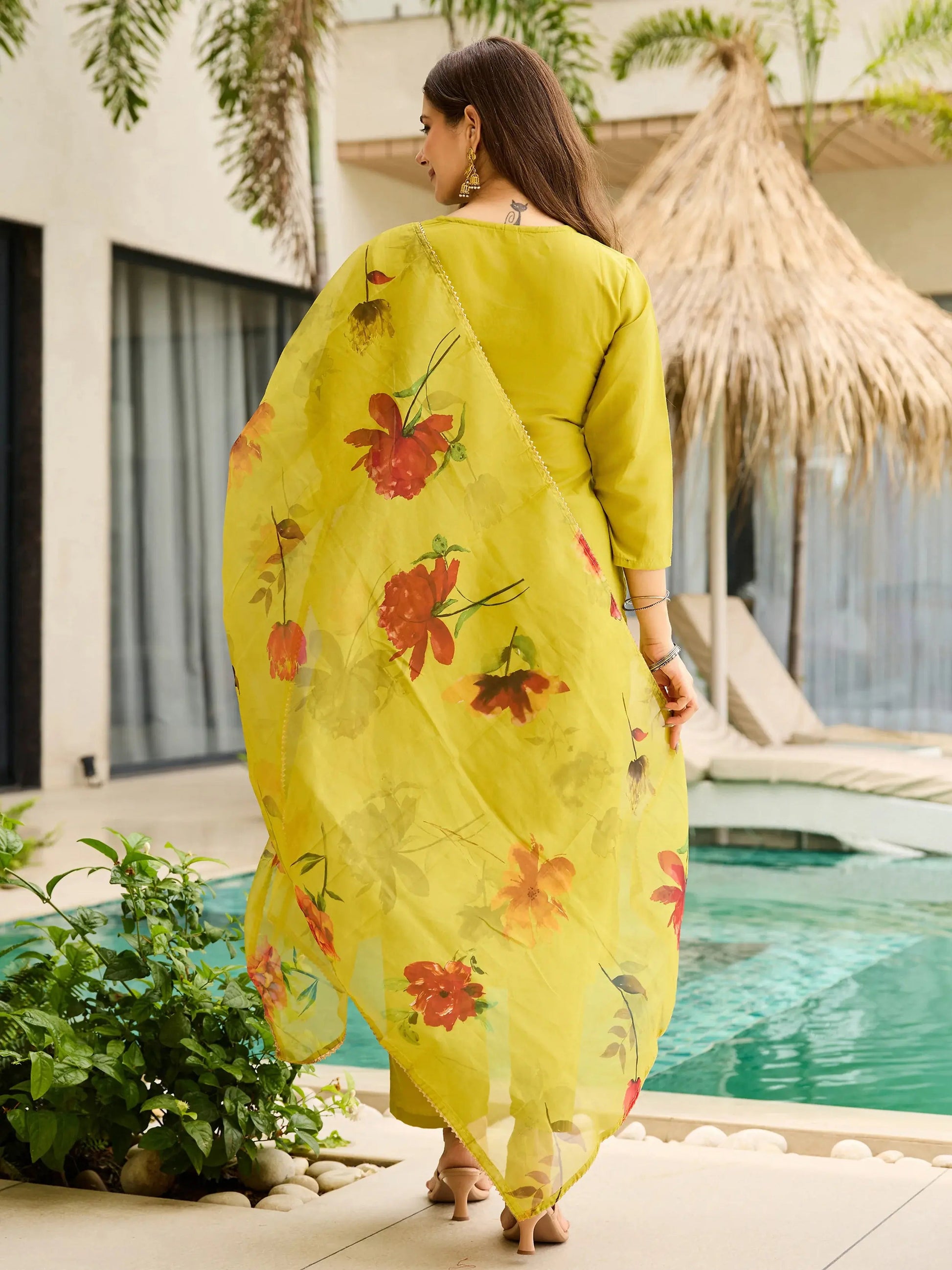 Adorning Yellow Rayon Embroidered Suit With Floral Printed Dupatta
