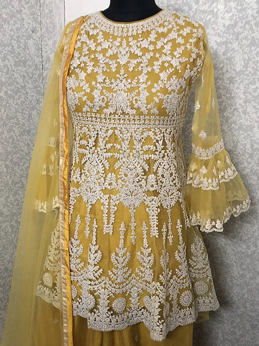 Glamorous Yellow Net Floral Embroidered Event Wear Sharara Suit