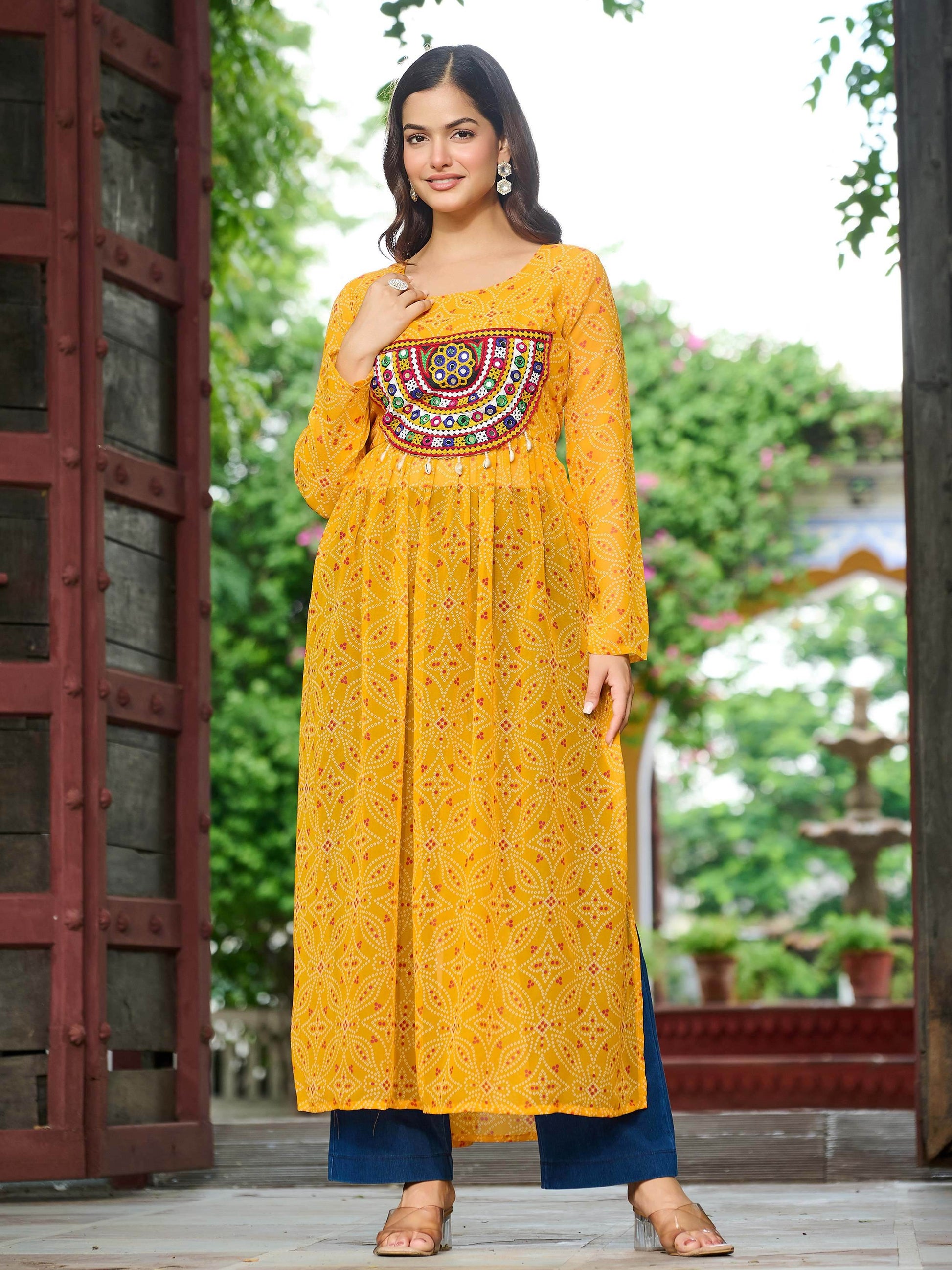 Fabulous Yellow Georgette Kutchi Gamthi Work Festive Kurti
