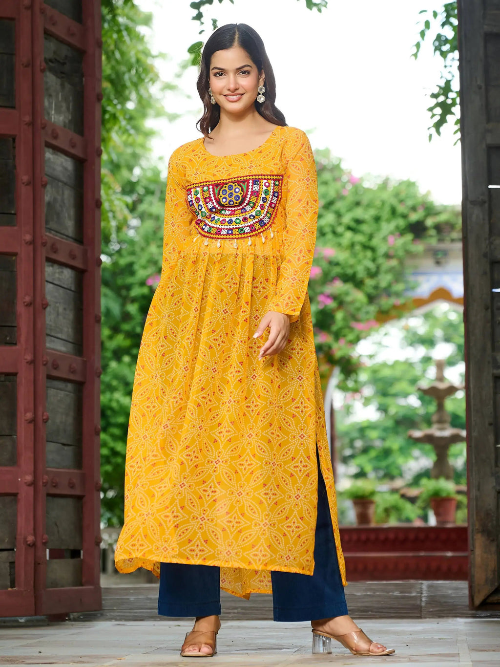 Fabulous Yellow Georgette Kutchi Gamthi Work Festive Kurti