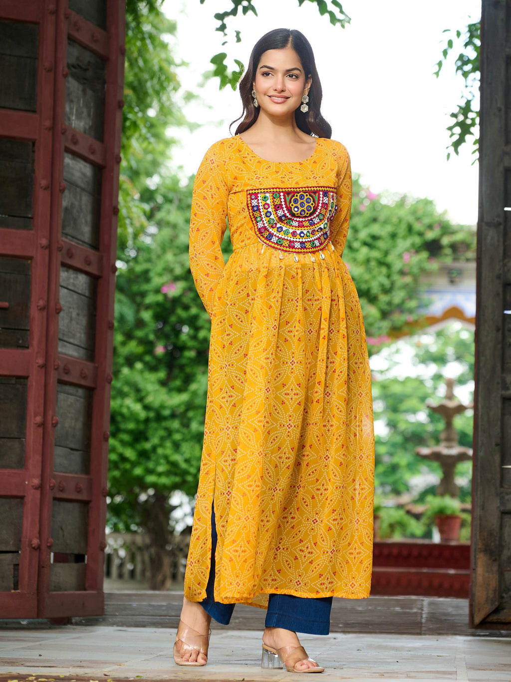 Fabulous Yellow Georgette Kutchi Gamthi Work Festive Kurti