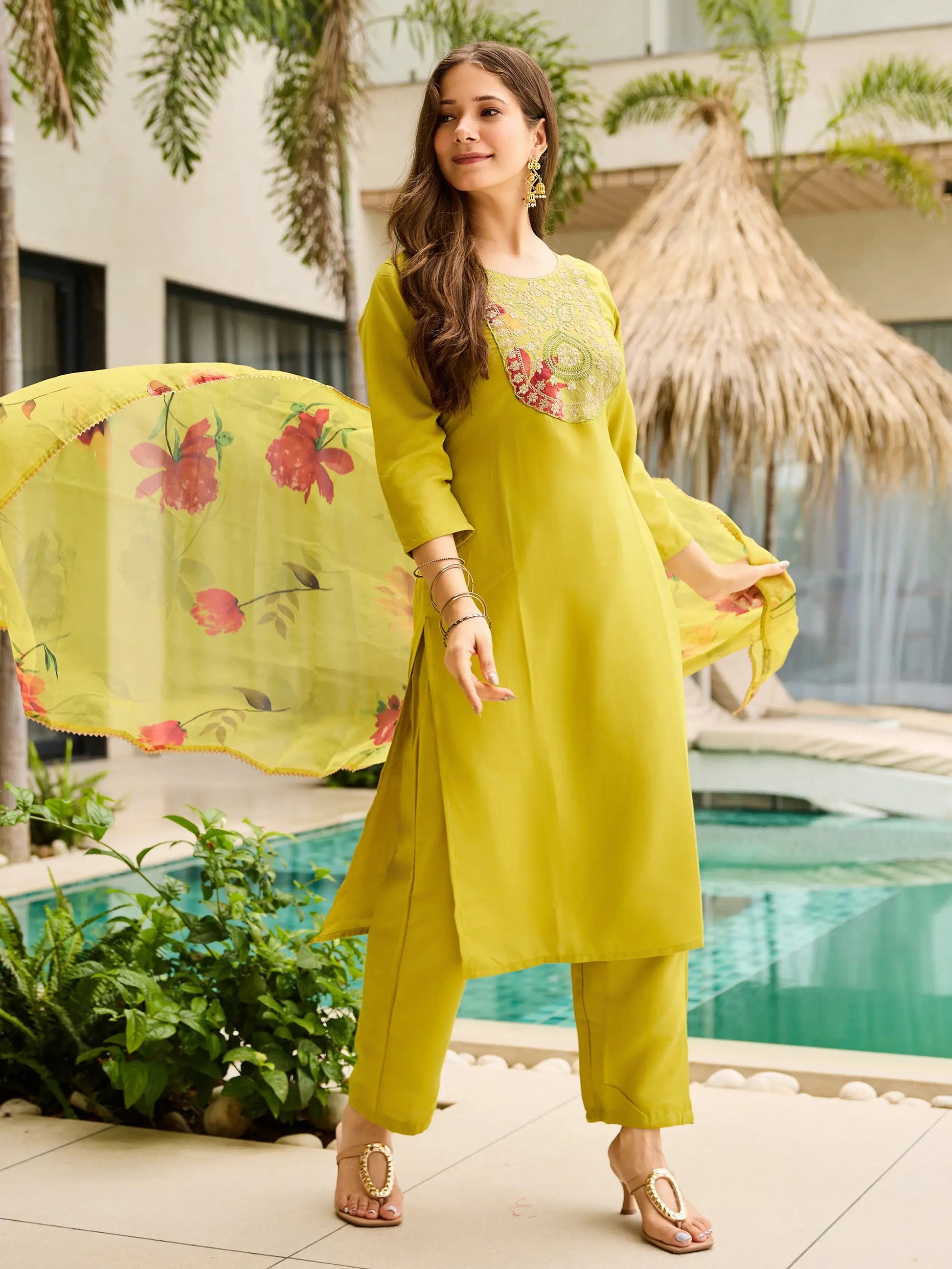 Adorning Yellow Rayon Embroidered Suit With Floral Printed Dupatta