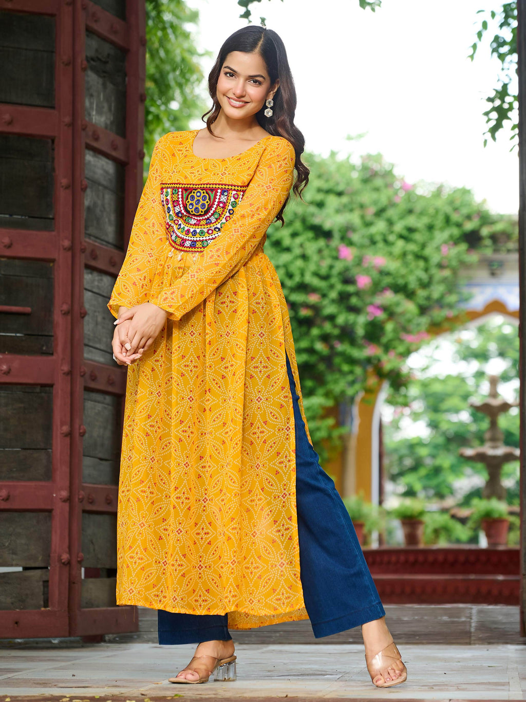 Fabulous Yellow Georgette Kutchi Gamthi Work Festive Kurti