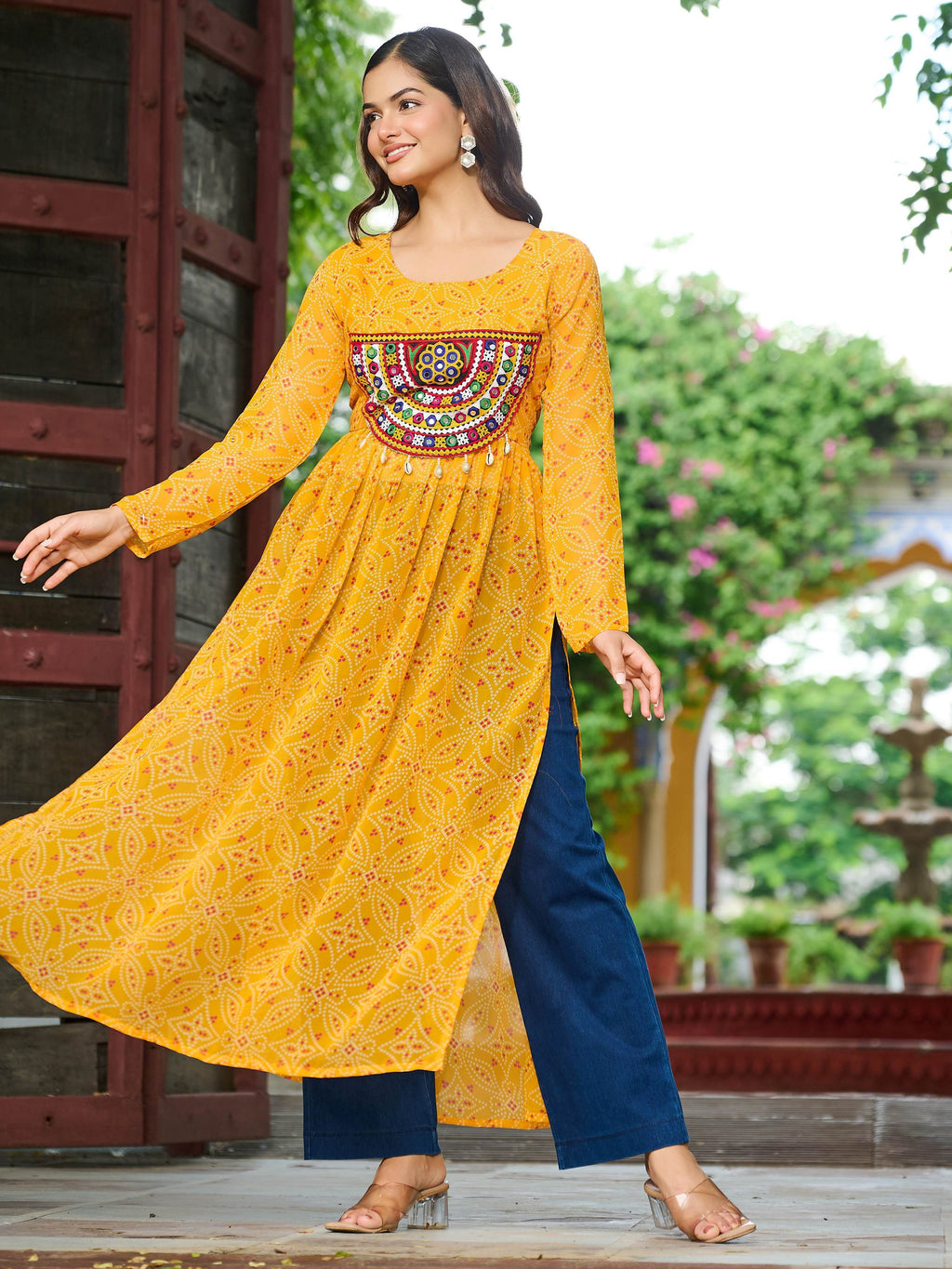 Fabulous Yellow Georgette Kutchi Gamthi Work Festive Kurti