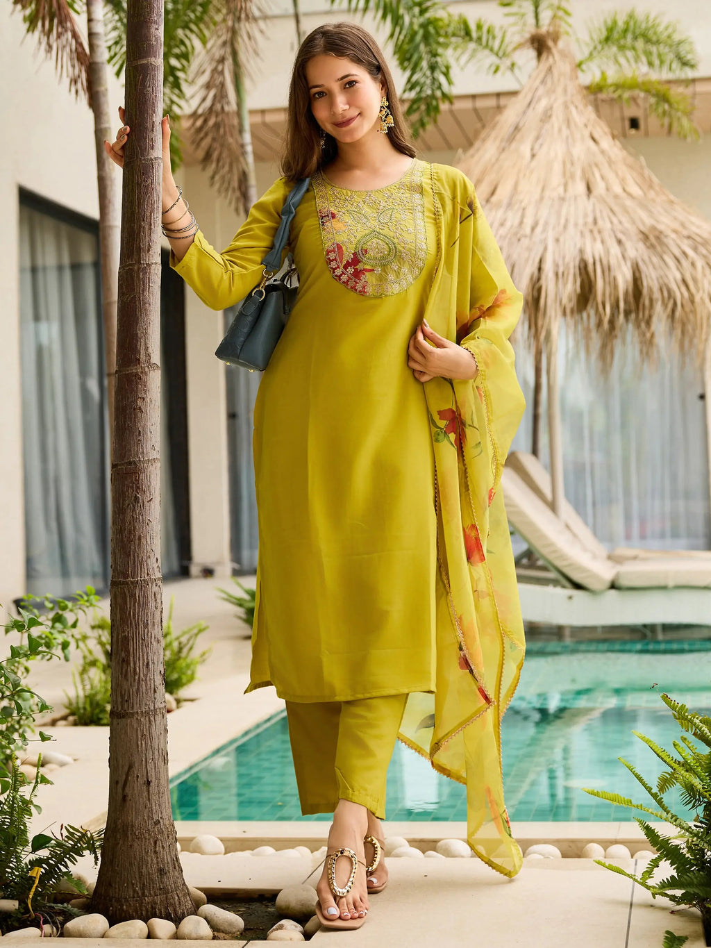 Adorning Yellow Rayon Embroidered Suit With Floral Printed Dupatta